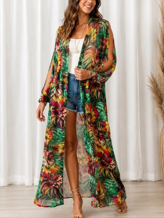 not branded Sweaters - Floral Open Front Duster Cover Up Maxi Split Sleeves Green Red Yellow Festival